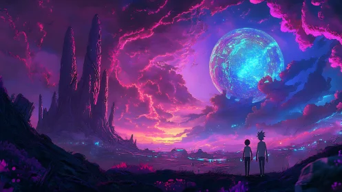 Bioluminescent exoplanet vista with dual observers at horizon.