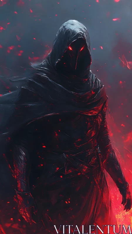 Hooded dark figure with glowing red eyes amid embers.