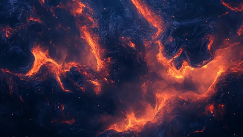 Molten Lava Flow: Fiery Orange Streams Against Dark Volcanic Landscape