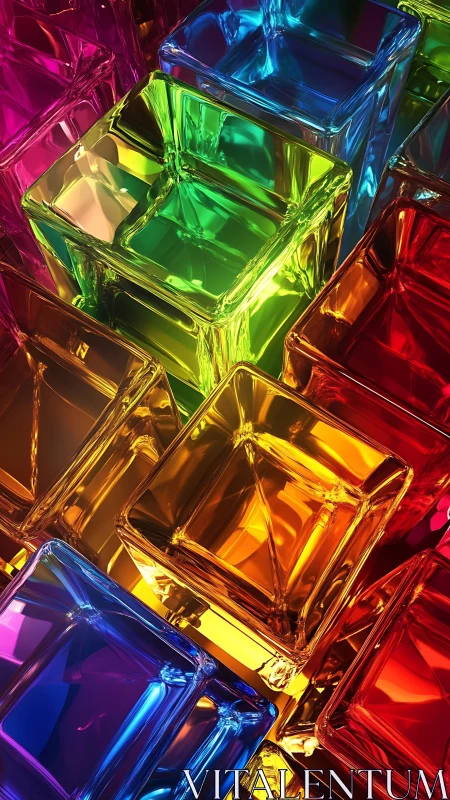 Stacked transparent colored glass cubes form dense pattern