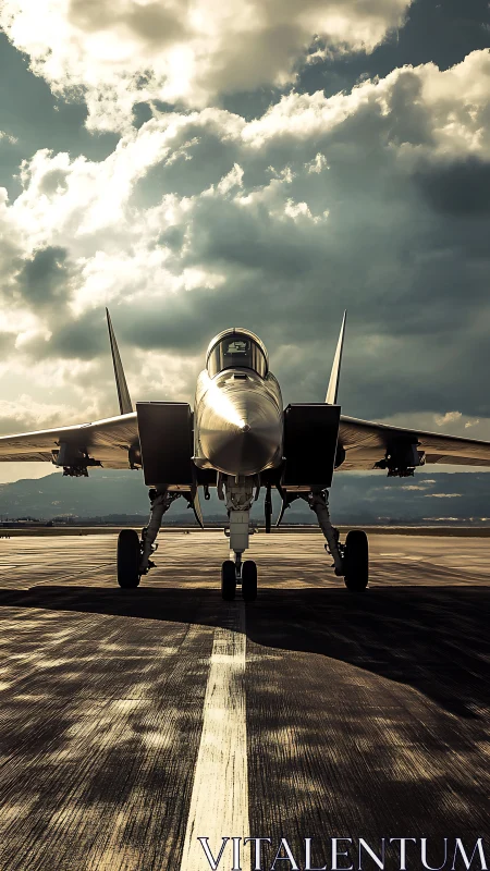 Jet fighter waits on runway beneath dramatic storm clouds.