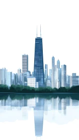 Minimalist blue city skyline with reflective waterfront view