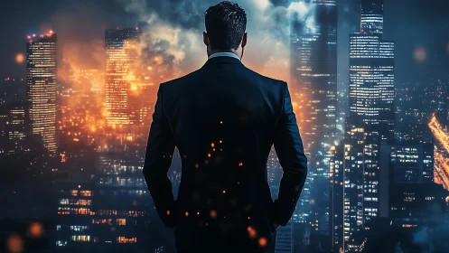 Businessman Overlooking Dystopian Cityscape.