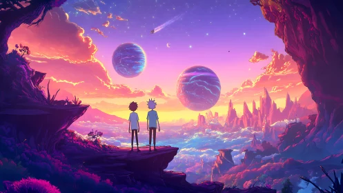 Cosmic vista with twin planets above neon alien valley.