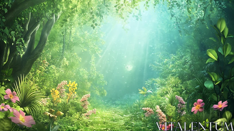 Forest pathway with flowering vegetation and atmospheric lighting.