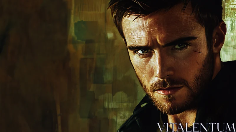 Intense bearded man portrait in gritty digital style.