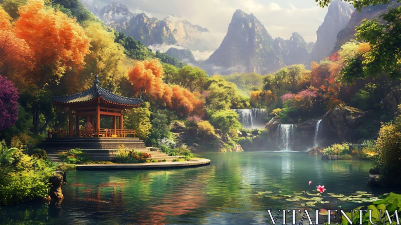 Autumn mountain garden with lakeside pavilion and waterfalls.