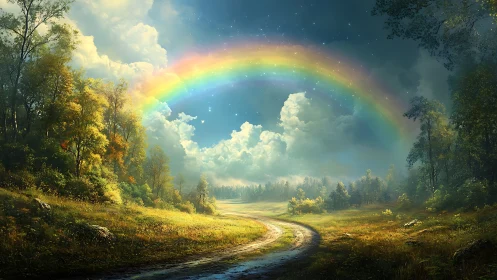 Curved dirt road under spectral rainbow with volumetric cloudscape