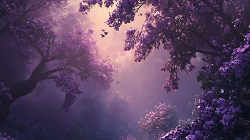 Purple Forest Canopy with Birds in Ethereal Mist.