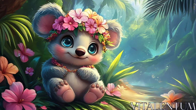 Cute koala character with flower crown in lush jungle scene