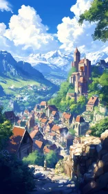 Sunlit mountain village and castle overlook a bright alpine valley