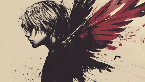 Winged youth in profile rendered with dynamic ink splatter contrasts