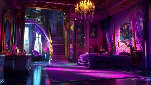 Lavish purple bedroom interior with staircase and chandelier.