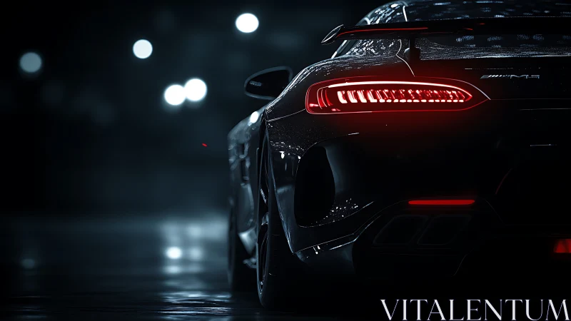 Rear view shows illuminated sports car taillights at night