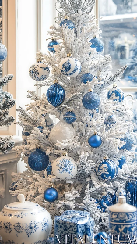 White artificial tree with blue and white porcelain ornaments.
