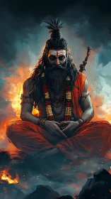 Ascetic yogi levitating in blazing infernal landscape meditation