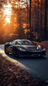 Aerodynamic supercar traversing autumnal forest roadway.