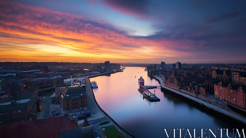 Sunset over calm river through industrial city harbor.