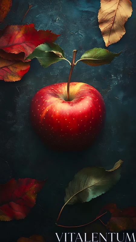 Crisp autumn apple crowned by drifting painted leaves.