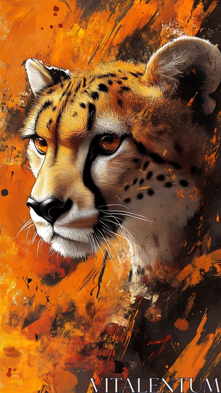Kinetic cheetah portrait amid dynamically splattered chroma field.