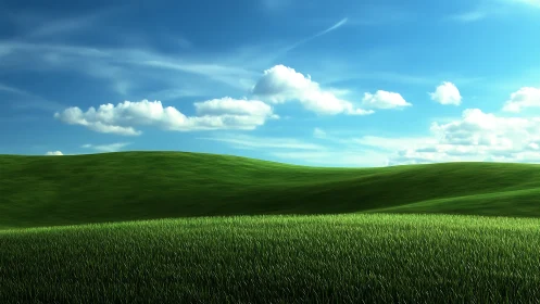 Sunlit green hills roll under vivid blue summer sky.