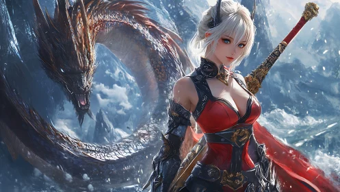 Armored warrior stands with dragon amid icy mountain storm