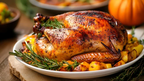 Roasted poultry with caramelized skin and herb-garnished root vegetable accompaniment on ceramic ser