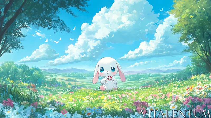 Gentle bunny rests in a sunlit meadow of bright wildflowers