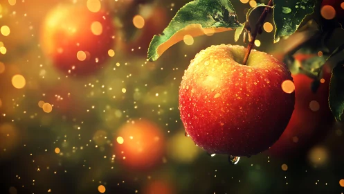 Dewlit red apple glows against golden orchard bokeh.