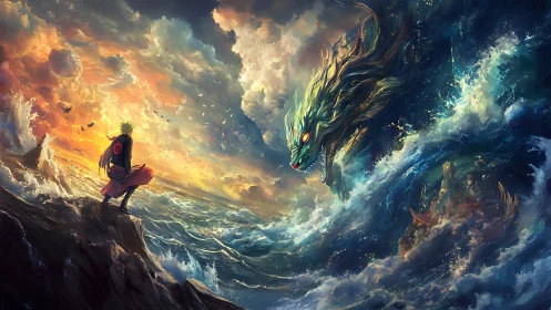 Storm-lit warrior greets the roaring celestial sea dragon