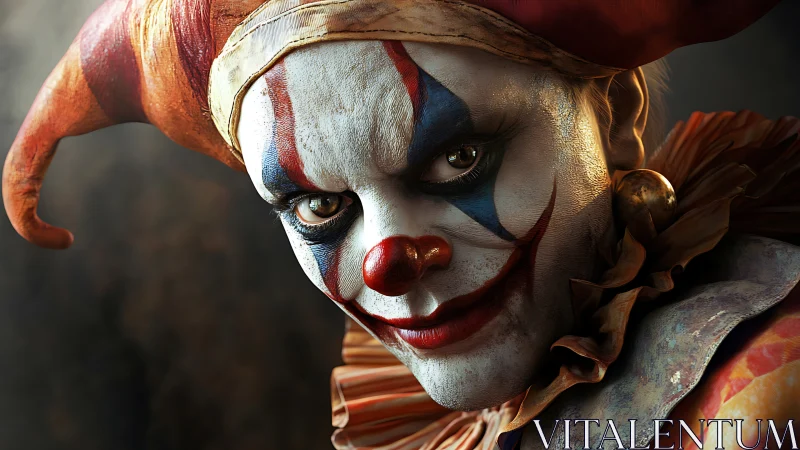 Mischievous jester leans close with intense, playful stare