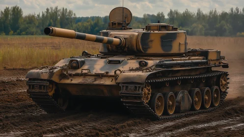 Historic battle tank rolling across muddy training field.