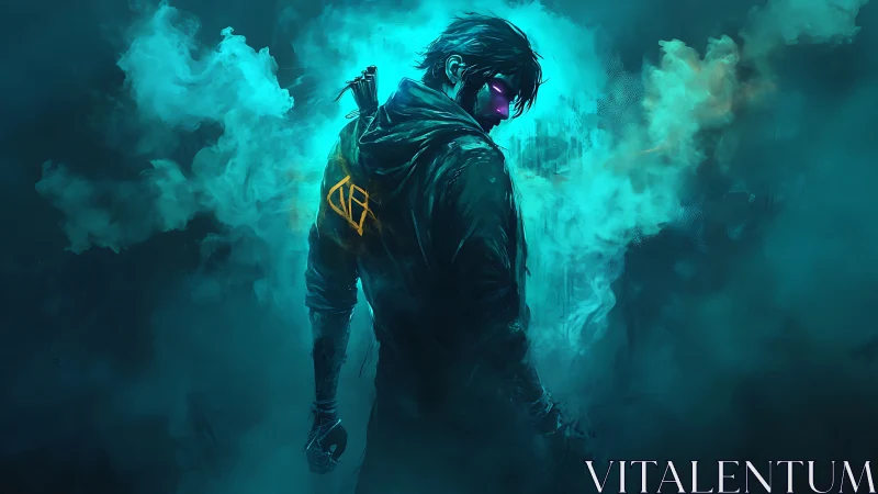 Hooded figure with neon visor amid teal atmospheric smoke.