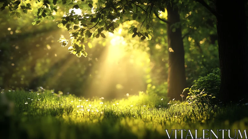 Sunbeams Filtering Through Lush Forest Canopy in Dreamy Style.