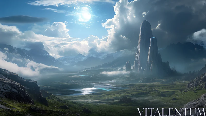 Mystic sky towers above tranquil emerald valley dreamscape.