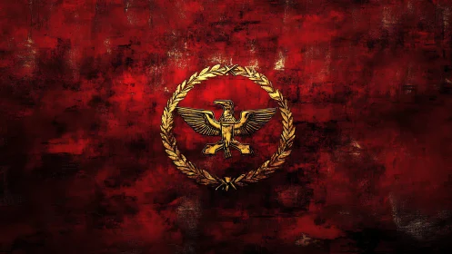 Scarlet legion banner with golden eagle in laurel firestorm.