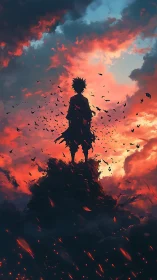 Silhouetted warrior ascends through burning twilight sky.