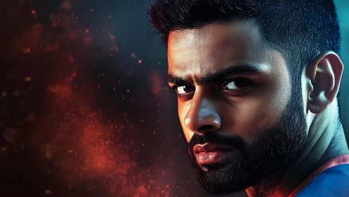 Intense bearded man stares over shoulder against fiery bokeh