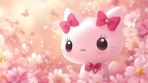 Cute pink cartoon kitten with bows in pastel flowers.