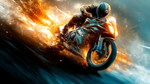 Motorcycle rider leans into corner amid stylized fire trail