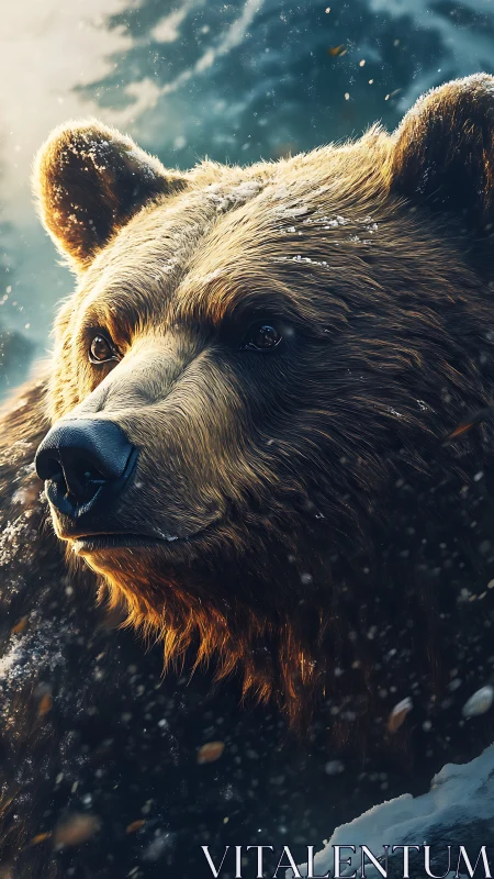 Golden-furred grizzly in swirling alpine snowfall close-up.