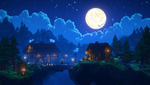 Pixel village under full moon with lit riverside houses.
