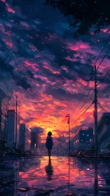 Girl stands on wet city street under vivid sunset sky.