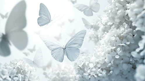 White butterflies in soft-focus floral environment.