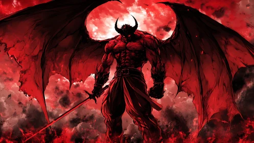 Winged demon lord stands before a blood-red moon.