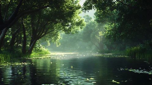 Calm forest river under dense green tree canopy at dawn.
