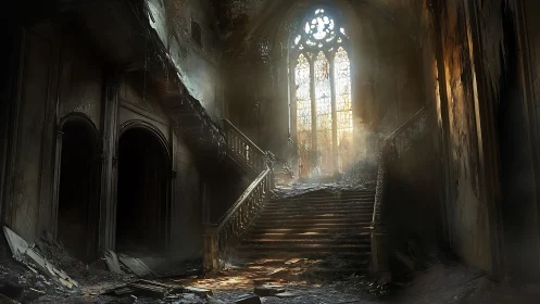 Ruined grand staircase breathing light through stained glass.
