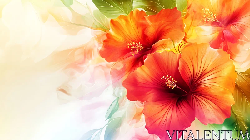 Hibiscus Flowers with Gradient Color Transition and Foliage