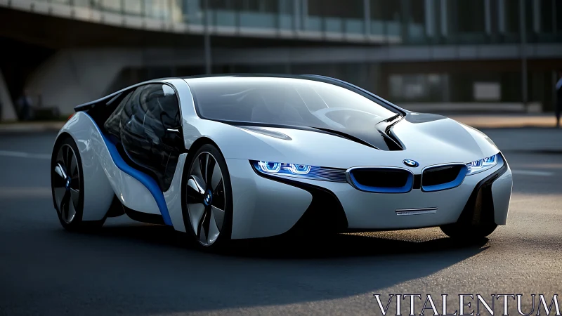Futuristic BMW concept car is rendered on an urban street