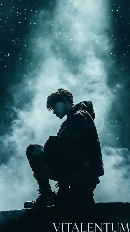 Silhouetted urban figure crouched beneath a luminous nebula sky